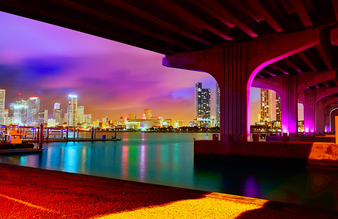 Miami downtown skyline sunset in Florida USA