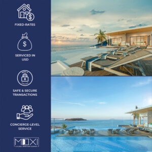 Una imagen presenta dos fotografías de una propiedad exclusiva frente al mar con alberca. A la izquierda, se destacan los diferenciadores clave de Moxi Global: tasas fijas competitivas, atención personalizada en dólares estadounidenses, transacciones seguras y servicio de concierge especializado para la adquisición de residencias premium en México.