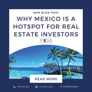 Imagen promocional para el blog sobre adquisición de residencias en México, diseñada para captar la atención de inversores y compradores favorables. El gráfico presenta una vista tropical exclusiva con palmeras, muelle privado y aguas cristalinas, evocando el estilo de vida premium que ofrece el mercado inmobiliario mexicano. La información de contacto se encuentra estratégicamente ubicada al pie del diseño. Una producción impulsada por Moxi Global, su aliado en inversiones inmobiliarias de alto nivel.