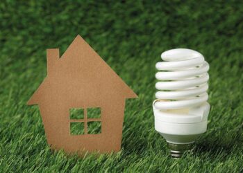 Un recorte representativo de una vivienda y una lámpara de bajo consumo se sitúan sobre césped natural, evocando el concepto de vivienda sustentable. Esta imagen transmite un firme compromiso con la eficiencia energética y la responsabilidad ambiental, elementos esenciales en el segmento inmobiliario premium para inversores y compradores que priorizan la innovación, la sostenibilidad y el valor a largo plazo.