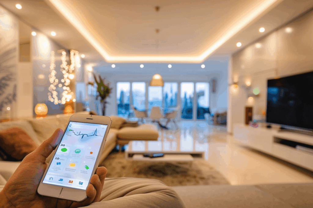 Un inversionista sostiene un smartphone con la aplicación de domótica de Propiedades.com, mientras se encuentra en una exclusiva sala de estar en México. El espacio, cuidadosamente diseñado, destaca por su iluminación sofisticada, pantalla de gran formato y áreas de descanso elegantes. Esta integración tecnológica ofrece el control total del hogar inteligente, elevando la experiencia residencial a los más altos estándares para compradores exigentes dentro del mercado inmobiliario premium.