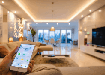 Un inversionista sostiene un smartphone con la aplicación de domótica de Propiedades.com, mientras se encuentra en una exclusiva sala de estar en México. El espacio, cuidadosamente diseñado, destaca por su iluminación sofisticada, pantalla de gran formato y áreas de descanso elegantes. Esta integración tecnológica ofrece el control total del hogar inteligente, elevando la experiencia residencial a los más altos estándares para compradores exigentes dentro del mercado inmobiliario premium.