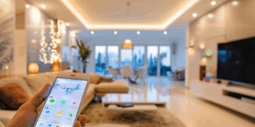 Un inversionista sostiene un smartphone con la aplicación de domótica de Propiedades.com, mientras se encuentra en una exclusiva sala de estar en México. El espacio, cuidadosamente diseñado, destaca por su iluminación sofisticada, pantalla de gran formato y áreas de descanso elegantes. Esta integración tecnológica ofrece el control total del hogar inteligente, elevando la experiencia residencial a los más altos estándares para compradores exigentes dentro del mercado inmobiliario premium.