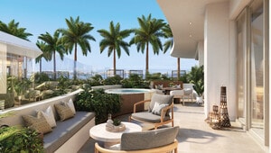 Exclusivo patio exterior de diseño contemporáneo, equipado con áreas de descanso tapizadas, mesa redonda y jacuzzi privado, enmarcado por exuberantes plantas tropicales y palmeras. Barandales de cristal ofrecen vistas panorámicas incomparables a la Laguna Cancún, fusionando sofisticación caribeña y privacidad absoluta bajo el cielo azul del Caribe mexicano. Una propuesta ideal para compradores e inversionistas que buscan ambientes únicos y experiencias residenciales premium.