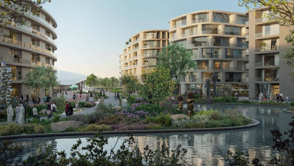 Exclusivos edificios residenciales de arquitectura moderna encierran un elegante patio central cuidadosamente ajardinado, donde destaca un estanque rodeado de árboles, jardines florales y esculturas contemporáneas. Este enclave forma parte integral del plan maestro de Khalid Bin Sultan City y ha sido concebido para ofrecer un estilo de vida sofisticado en un entorno verde que inspira tranquilidad y bienestar. Los amplios espacios al aire libre invitan a la convivencia bajo cielos despejados, consolidando este desarrollo como una oportunidad excepcional para inversores o compradores con visión exclusiva que buscan valor sostenible en una ubicación privilegiada.