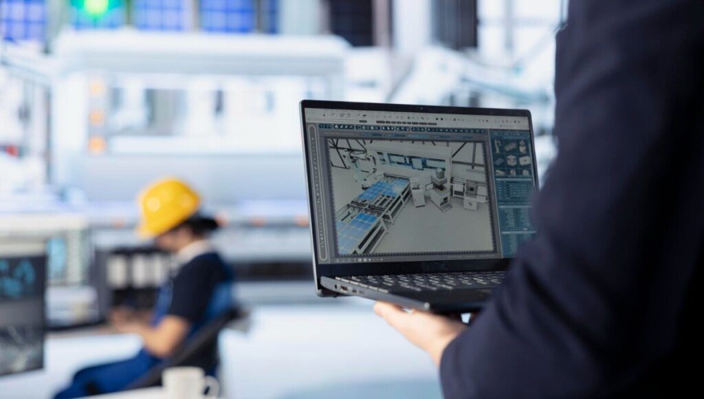 Una persona sostiene un portátil que exhibe un modelo 3D de una instalación industrial de última generación, ilustrando el avance hacia la transformación digital. En segundo plano, difuminado, se observa a un operario con casco de seguridad interactuando con maquinaria especializada en un entorno industrial moderno. Esta escena resalta la integración de tecnología de punta en espacios industriales premium—una propuesta ideal para inversores y compradores visionarios que buscan activos inmobiliarios diseñados para maximizar la eficiencia operativa, la innovación y el valor sostenido.
