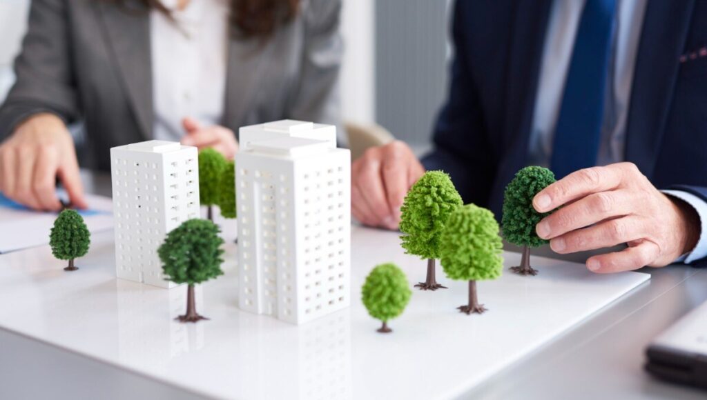 Dos ejecutivos, elegantemente vestidos, analizan en detalle una maqueta arquitectónica que destaca modernos edificios blancos rodeados de áreas verdes. En este entorno profesional, evalúan un proyecto inmobiliario de alto nivel enfocado en el diseño sostenible y el urbanismo responsable. Esta iniciativa no solo maximiza el valor patrimonial y la exclusividad para inversionistas y compradores exigentes, sino que también incorpora prácticas alineadas con la responsabilidad social y ambiental que definen las tendencias premium del sector.