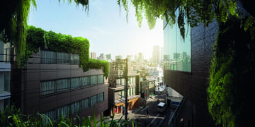 Vista urbana panorámica desde las alturas, destacando desarrollos inmobiliarios premium con arquitectura contemporánea y zonas verdes integradas en las azoteas. Este entorno evidencia un compromiso sólido con la sostenibilidad, incorporando espacios ecológicos que realzan el valor de los activos y promueven una calidad de vida superior. La luz natural baña la ciudad, donde la movilidad organizada y el diseño vanguardista crean un ambiente exclusivo ideal para inversores o compradores que buscan excelencia, rentabilidad y bienestar en una ubicación privilegiada.