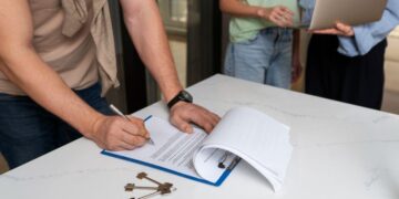 Un inversionista formaliza la adquisición de una propiedad exclusiva, firmando la documentación correspondiente en un entorno cuidadosamente supervisado. Las llaves de la propiedad reposan a su lado, símbolo de una transacción segura y transparente, respaldada por estrictos protocolos de protección frente a fraudes inmobiliarios. En segundo plano, dos asesores especializados -uno con un equipo portátil- garantizan el cumplimiento integral del proceso y proporcionan asesoramiento personalizado, reflejando los altos estándares del sector inmobiliario premium.
