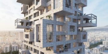 Vista cercana de un exclusivo proyecto residencial de gran altura en Taiwán, diseñado por el reconocido estudio MVRDV. Su imponente fachada geométrica, con volúmenes dinámicos y líneas contemporáneas, resalta en el horizonte urbano. La propiedad ofrece amplios ventanales que favorecen la entrada de luz natural, balcones irregulares con impresionantes vistas panorámicas y terrazas ajardinadas que integran la naturaleza al entorno residencial. Estos detalles arquitectónicos no solo aportan sofisticación y modernidad, sino que también elevan la calidad de vida, convirtiendo este desarrollo en una oportunidad única para inversores y compradores exigentes que buscan exclusividad e innovación inmobiliaria.