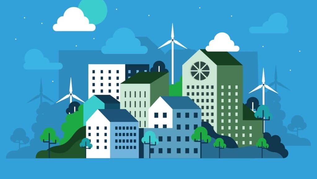 Imagen de un paisaje urbano conformado por edificios de varios niveles, integrados armónicamente con áreas verdes, turbinas eólicas y colinas bajo un cielo azul, en el que destacan el sol o la luna parcialmente visibles. Esta representación encarna la visión vanguardista de AMEFIBRA, enfocada en desarrollos inmobiliarios premium que fusionan modernidad, sustentabilidad y altos estándares arquitectónicos. Un entorno pensado para inversores y compradores exigentes que priorizan eficiencia energética, bienestar y compromiso ambiental en cada proyecto inmobiliario.