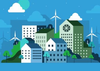 Imagen de un paisaje urbano conformado por edificios de varios niveles, integrados armónicamente con áreas verdes, turbinas eólicas y colinas bajo un cielo azul, en el que destacan el sol o la luna parcialmente visibles. Esta representación encarna la visión vanguardista de AMEFIBRA, enfocada en desarrollos inmobiliarios premium que fusionan modernidad, sustentabilidad y altos estándares arquitectónicos. Un entorno pensado para inversores y compradores exigentes que priorizan eficiencia energética, bienestar y compromiso ambiental en cada proyecto inmobiliario.